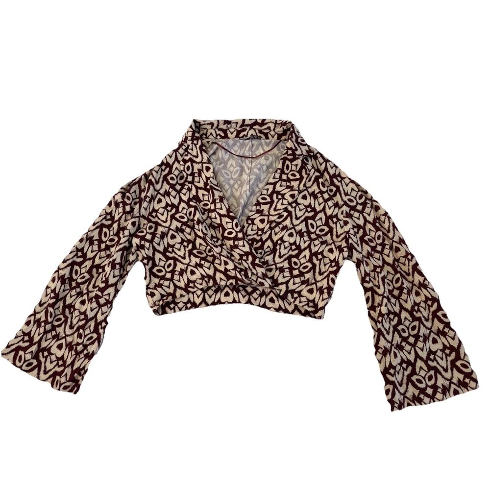 Zara Burgundy Cream Geometric Cropped V-Neck Long Sleeve Blouse Women's L